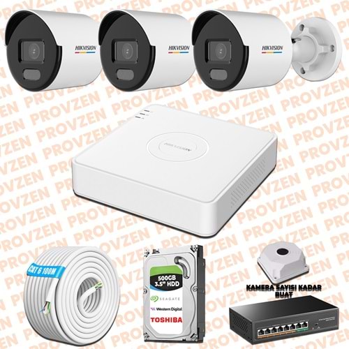 Provzen Hikvision 3 IP Kamera 7/24 Renkli Mikrofonlu Güvenlik Kamerası Olay Anında bildirim