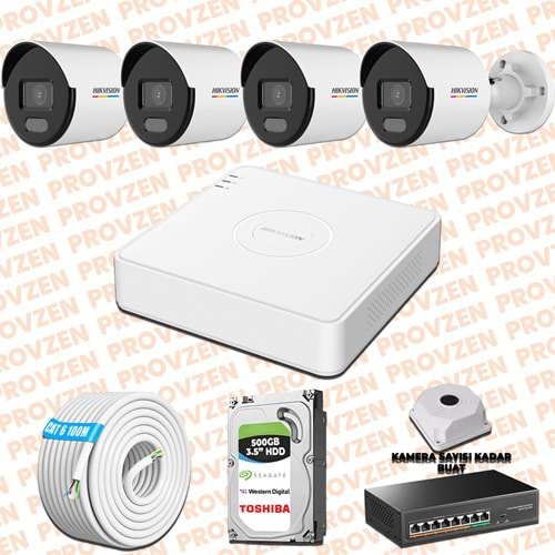 Provzen Hikvision 4 IP Kamera 7/24 Renkli Mikrofonlu Güvenlik Kamerası Olay Anında bildirim