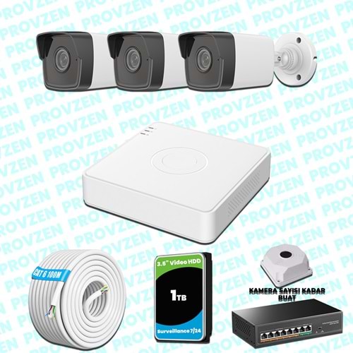 Provzen Hikvision 3 IP Kameralı 4MP 1440P Mikrofonlu Güvenlik Kamerası