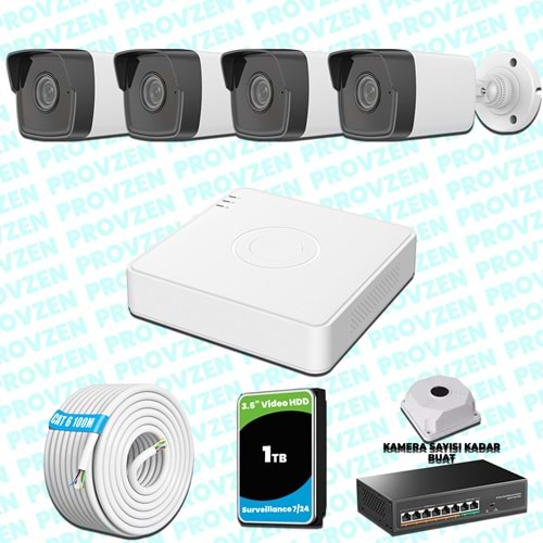 Provzen Hikvision 4 IP Kameralı 4MP 1440P Mikrofonlu Güvenlik Kamerası