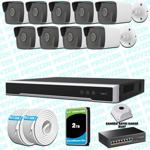 Provzen Hikvision 9 IP Kameralı 4MP 1440P Mikrofonlu Güvenlik Kamerası