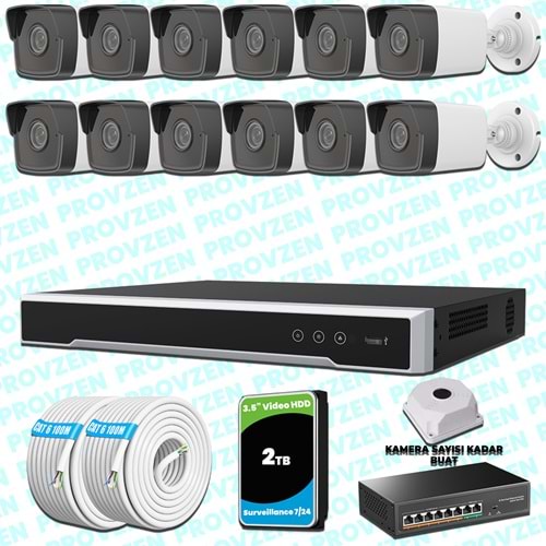Provzen Hikvision 12 IP Kameralı 4MP 1440P Mikrofonlu Güvenlik Kamerası