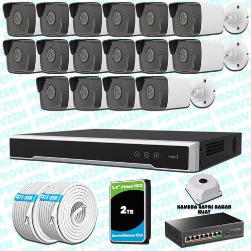 Provzen Hikvision 16 IP Kameralı 4MP 1440P Mikrofonlu Güvenlik Kamerası