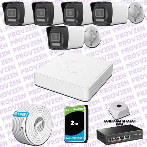 Provzen Hikvision 5 IP 4MP Hibrit ColorVu Güvenlik Kamerası Seti Olay Anında bildirim