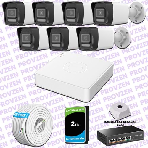 Provzen Hikvision 7 IP 4MP Hibrit ColorVu Güvenlik Kamerası Seti Olay Anında bildirim