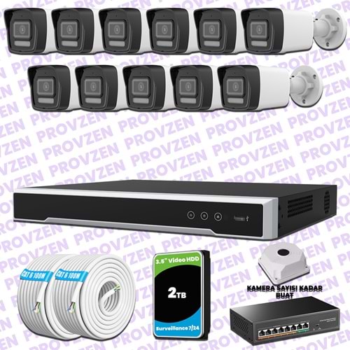 Provzen Hikvision 11 IP 4MP Hibrit ColorVu Güvenlik Kamerası Seti Olay Anında bildirim