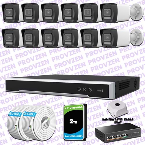 Provzen Hikvision 12 IP 4MP Hibrit ColorVu Güvenlik Kamerası Seti Olay Anında bildirim