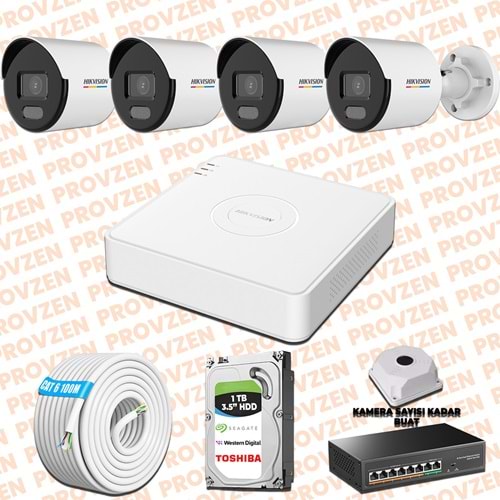 Provzen Hikvision 4 IP 4MP ColorVu Mikrofonlu Güvenlik Kamerası Olay Anında bildirim