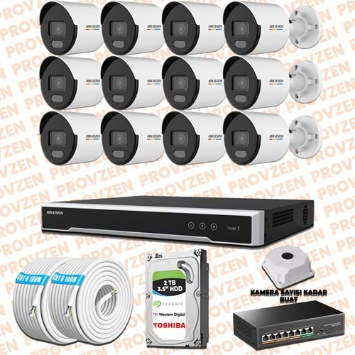 Provzen Hikvision 12 IP 4MP ColorVu Mikrofonlu Güvenlik Kamerası Olay Anında bildirim