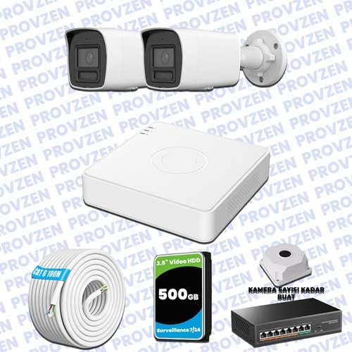 Provzen Hikvision Hibrit IP ColorVu 2 Kameralı Güvenlik Kamerası Mikrofonlu Olay Anında bildirim