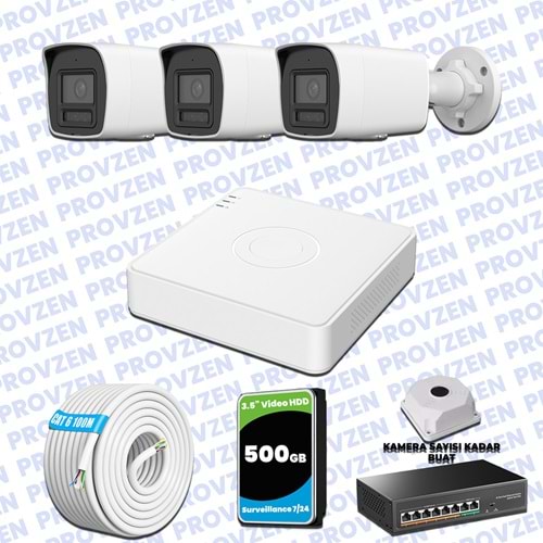 Provzen Hikvision Hibrit IP ColorVu 3 Kameralı Güvenlik Kamerası Mikrofonlu Olay Anında bildirim