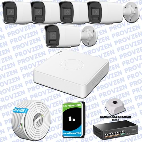 Provzen Hikvision Hibrit IP ColorVu 5 Kameralı Güvenlik Kamerası Mikrofonlu Olay Anında bildirim