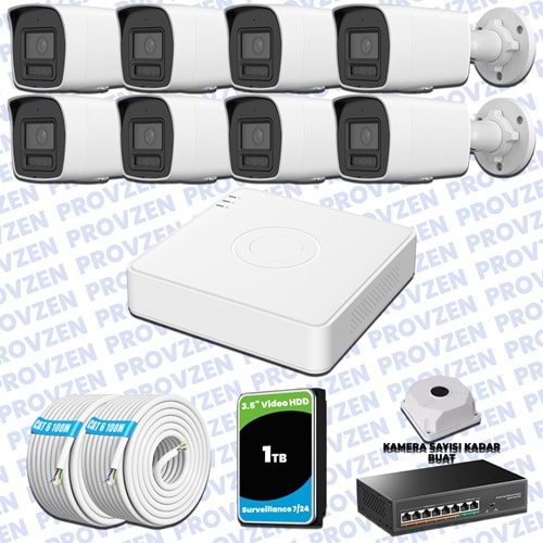 Provzen Hikvision Hibrit IP ColorVu 8 Kameralı Güvenlik Kamerası Mikrofonlu Olay Anında bildirim