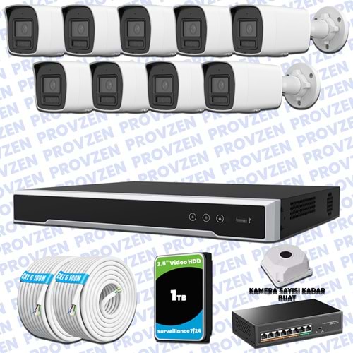 Provzen Hikvision Hibrit IP ColorVu 9 Kameralı Güvenlik Kamerası Mikrofonlu Olay Anında bildirim