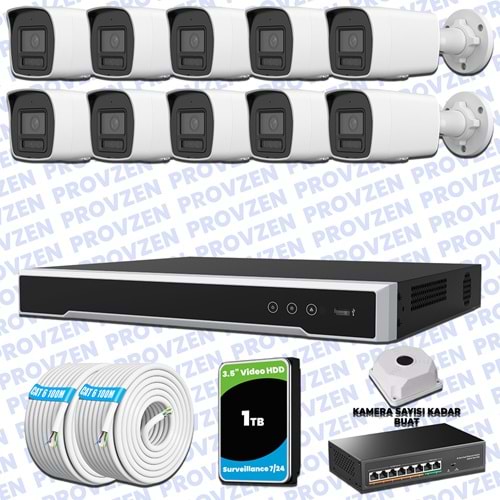 Provzen Hikvision Hibrit IP ColorVu 10 Kameralı Güvenlik Kamerası Mikrofonlu Olay Anında bildirim