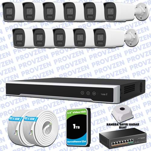 Provzen Hikvision Hibrit IP ColorVu 11 Kameralı Güvenlik Kamerası Mikrofonlu Olay Anında bildirim
