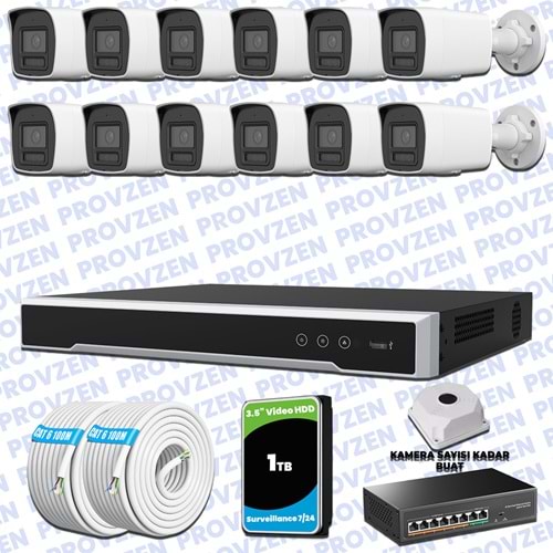 Provzen Hikvision Hibrit IP ColorVu 12 Kameralı Güvenlik Kamerası Mikrofonlu Olay Anında bildirim