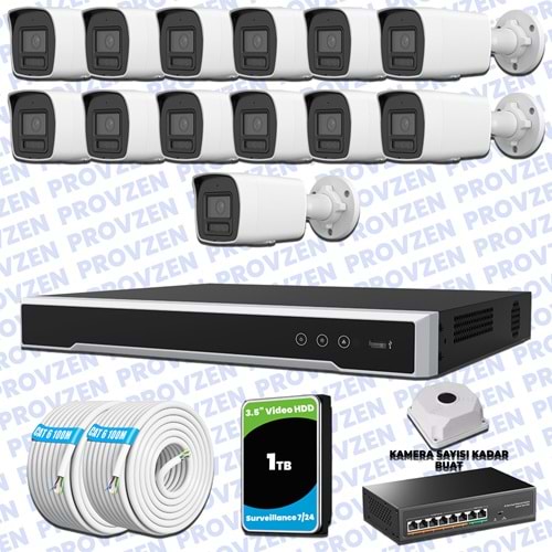 Provzen Hikvision Hibrit IP ColorVu 13 Kameralı Güvenlik Kamerası Mikrofonlu Olay Anında bildirim