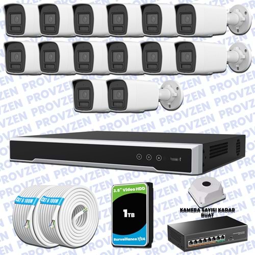 Provzen Hikvision Hibrit IP ColorVu 14 Kameralı Güvenlik Kamerası Mikrofonlu Olay Anında bildirim