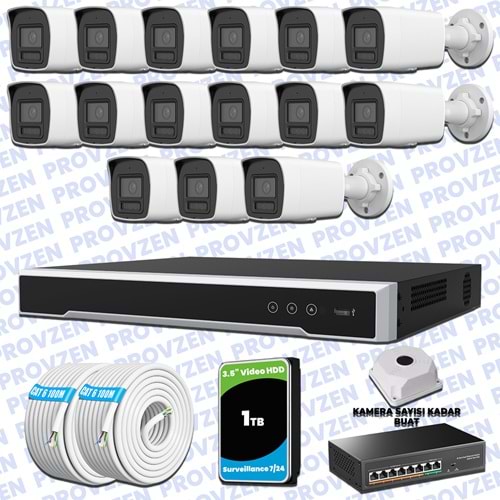 Provzen Hikvision Hibrit IP ColorVu 15 Kameralı Güvenlik Kamerası Mikrofonlu Olay Anında bildirim