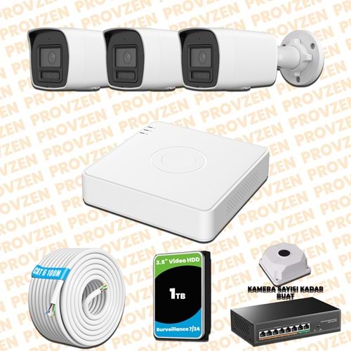 Provzen Hikvision 3 Kameralı 4MP IP Hibrit ColorVu Güvenlik Kamerası Mikrofonlu Olay Anında bildirim