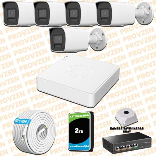 Provzen Hikvision 5 Kameralı 4MP IP Hibrit ColorVu Güvenlik Kamerası Mikrofonlu Olay Anında bildirim