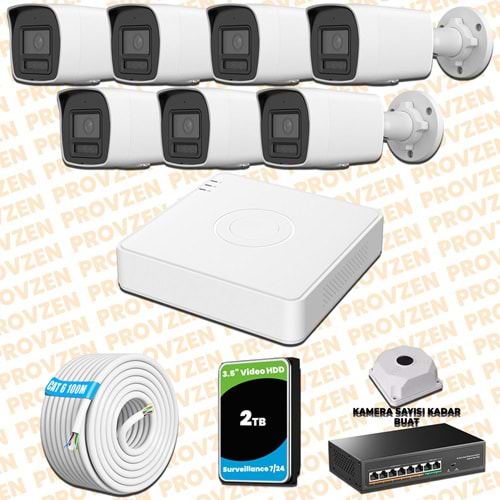 Provzen Hikvision 7 Kameralı 4MP IP Hibrit ColorVu Güvenlik Kamerası Mikrofonlu Olay Anında bildirim
