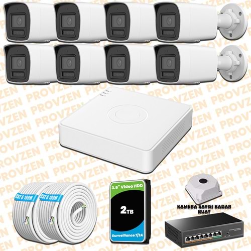 Provzen Hikvision 8 Kameralı 4MP IP Hibrit ColorVu Güvenlik Kamerası Mikrofonlu Olay Anında bildirim