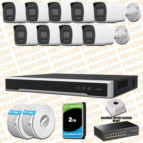 Provzen Hikvision 9 Kameralı 4MP IP Hibrit ColorVu Güvenlik Kamerası Mikrofonlu Olay Anında bildirim