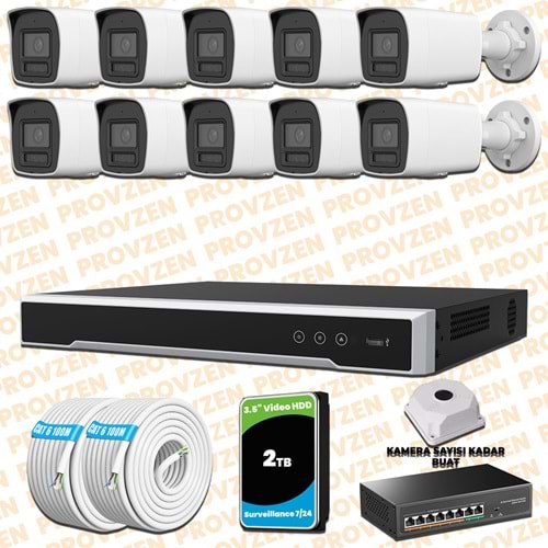 Provzen Hikvision 10 Kameralı 4MP IP Hibrit ColorVu Güvenlik Kamerası Mikrofonlu Olay Anında bildirim