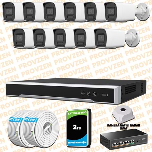 Provzen Hikvision 11 Kameralı 4MP IP Hibrit ColorVu Güvenlik Kamerası Mikrofonlu Olay Anında bildirim
