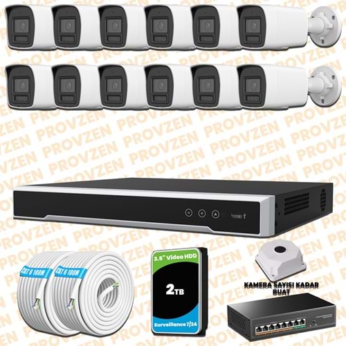 Provzen Hikvision 12 Kameralı 4MP IP Hibrit ColorVu Güvenlik Kamerası Mikrofonlu Olay Anında bildirim