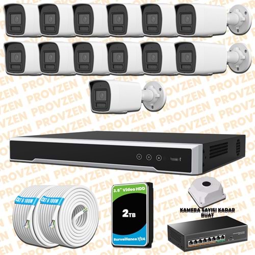 Provzen Hikvision 13 Kameralı 4MP IP Hibrit ColorVu Güvenlik Kamerası Mikrofonlu Olay Anında bildirim