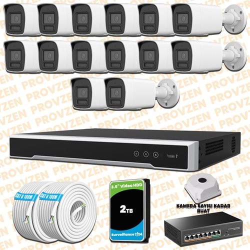 Provzen Hikvision 14 Kameralı 4MP IP Hibrit ColorVu Güvenlik Kamerası Mikrofonlu Olay Anında bildirim