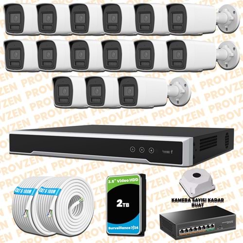 Provzen Hikvision 15 Kameralı 4MP IP Hibrit ColorVu Güvenlik Kamerası Mikrofonlu Olay Anında bildirim