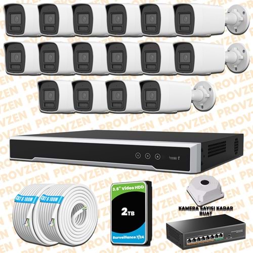 Provzen Hikvision 16 Kameralı 4MP IP Hibrit ColorVu Güvenlik Kamerası Mikrofonlu Olay Anında bildirim