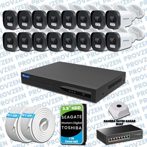 Provzen Zanuo 16 Kameralı 1080P Mikrofonlu IP Güvenlik Kamera Seti