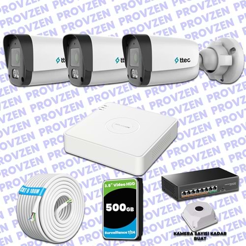 Provzen TTec Hikvision 3 Kameralı IP Full HD Mikrofonlu Güvenlik Kamerası