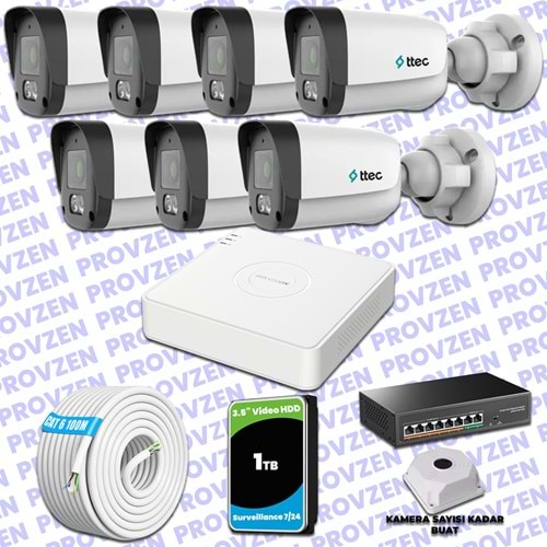 Provzen TTec Hikvision 7 Kameralı IP Full HD Mikrofonlu Güvenlik Kamerası