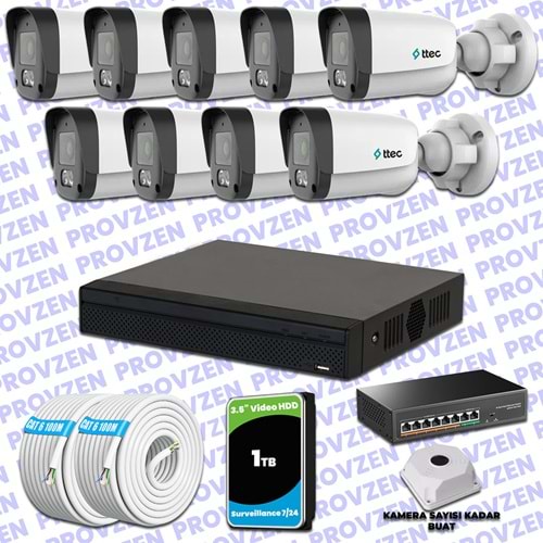 Provzen TTec Hikvision 9 Kameralı IP Full HD Mikrofonlu Güvenlik Kamerası