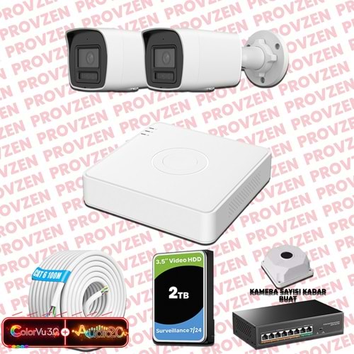 Provzen Hikvision 2 Kameralı 6MP IP ColorVu 3.0 Güvenlik Sistemi AI İnsan Araç Algılama Çift Yönlü Ses ve Işıklı Alarm