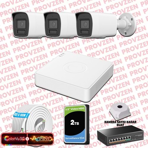 Provzen Hikvision 3 Kameralı 6MP IP ColorVu 3.0 Güvenlik Sistemi AI İnsan Araç Algılama Çift Yönlü Ses ve Işıklı Alarm
