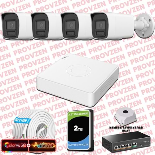 Provzen Hikvision 4 Kameralı 6MP IP ColorVu 3.0 Güvenlik Sistemi AI İnsan Araç Algılama Çift Yönlü Ses ve Işıklı Alarm