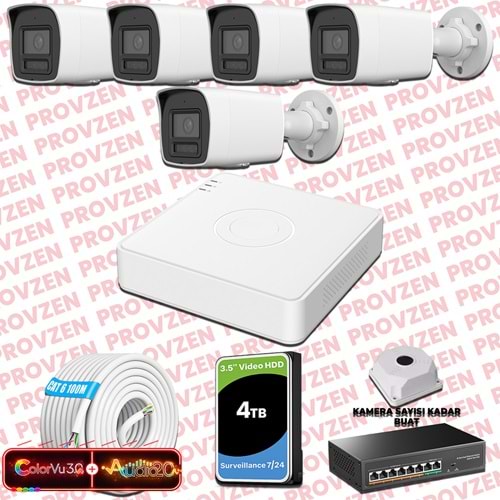 Provzen Hikvision 5 Kameralı 6MP IP ColorVu 3.0 Güvenlik Sistemi AI İnsan Araç Algılama Çift Yönlü Ses ve Işıklı Alarm