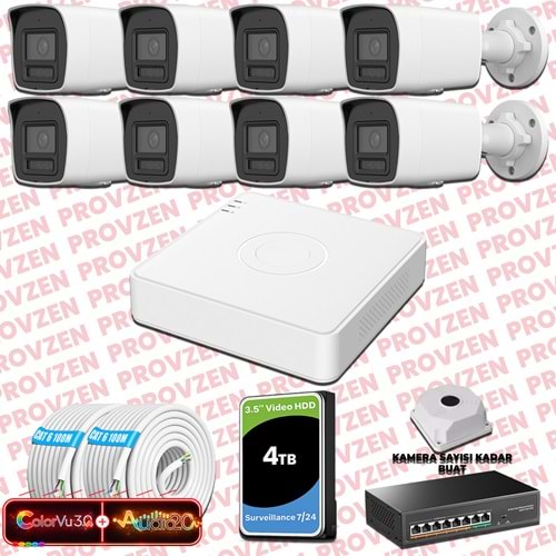 Provzen Hikvision 8 Kameralı 6MP IP ColorVu 3.0 Güvenlik Sistemi AI İnsan Araç Algılama Çift Yönlü Ses ve Işıklı Alarm
