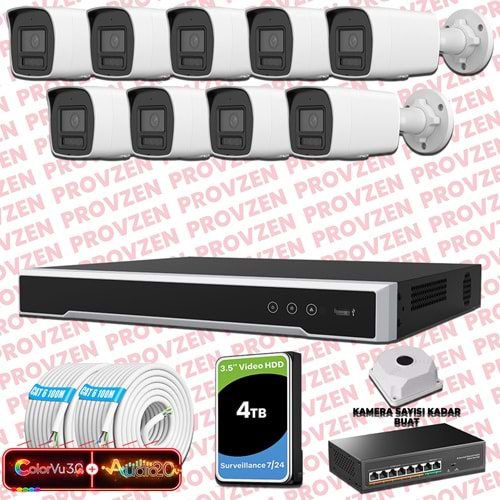 Provzen Hikvision 9 Kameralı 6MP IP ColorVu 3.0 Güvenlik Sistemi AI İnsan Araç Algılama Çift Yönlü Ses ve Işıklı Alarm