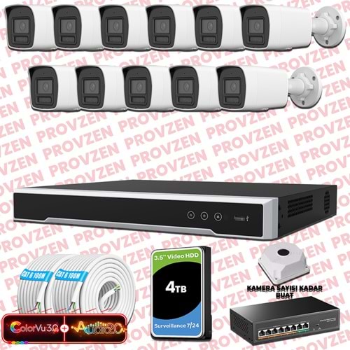 Provzen Hikvision 11 Kameralı 6MP IP ColorVu 3.0 Güvenlik Sistemi AI İnsan Araç Algılama Çift Yönlü Ses ve Işıklı Alarm