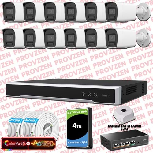 Provzen Hikvision 12 Kameralı 6MP IP ColorVu 3.0 Güvenlik Sistemi AI İnsan Araç Algılama Çift Yönlü Ses ve Işıklı Alarm