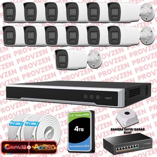 Provzen Hikvision 13 Kameralı 6MP IP ColorVu 3.0 Güvenlik Sistemi AI İnsan Araç Algılama Çift Yönlü Ses ve Işıklı Alarm