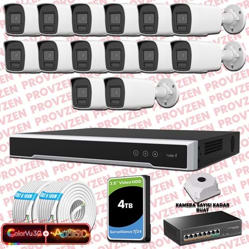 Provzen Hikvision 14 Kameralı 6MP IP ColorVu 3.0 Güvenlik Sistemi AI İnsan Araç Algılama Çift Yönlü Ses ve Işıklı Alarm